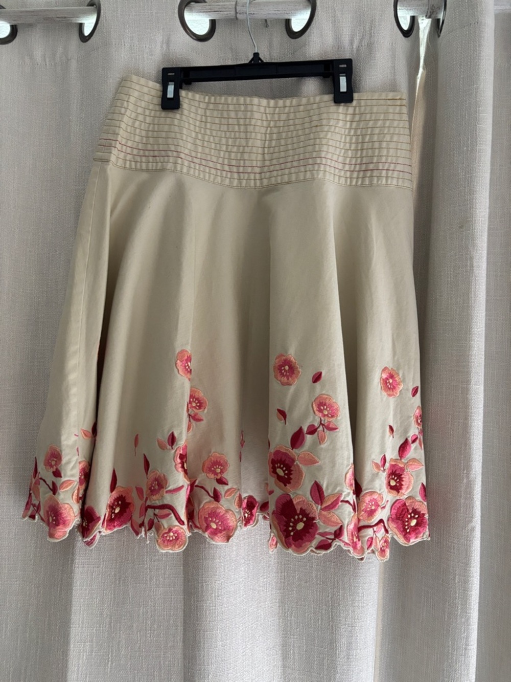 Anthropologie Cream Skater Skirt with Pink Floral Embroidery